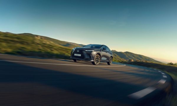 Ein dunkelgrauer Lexus NX 450h+ fährt auf einer Straße