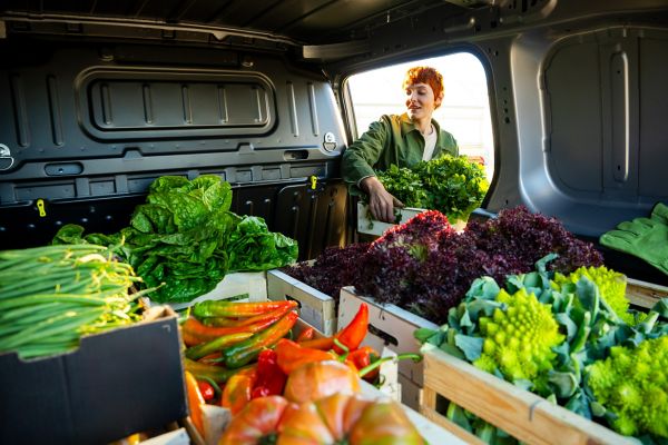 A Proace City’s load bay stacked with fresh produce 