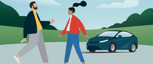 Grafische Illustration mit zwei Personen, die sich vor einem Fahrzeug treffen und freundlich begrüßen.