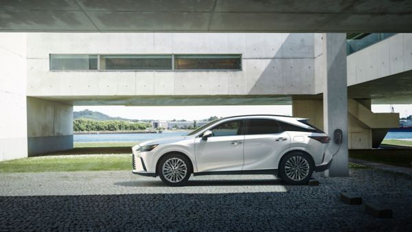 man and a woman talking next to a Lexus RX
