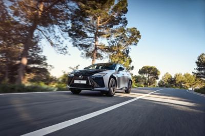 Der Lexus RX zeigt seine dynamische Seitenansicht, während er über eine Landstraße fährt.