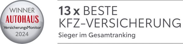 Siegel vom Autohaus VersicherungsMonitor und ein Text mit 13x beste Versicherung