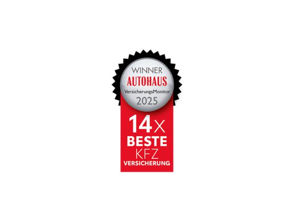 Siegel vom Autohaus VersicherungsMonitor und Aufschrift: 13x beste Versicherung; Sieger im Gesamtranking