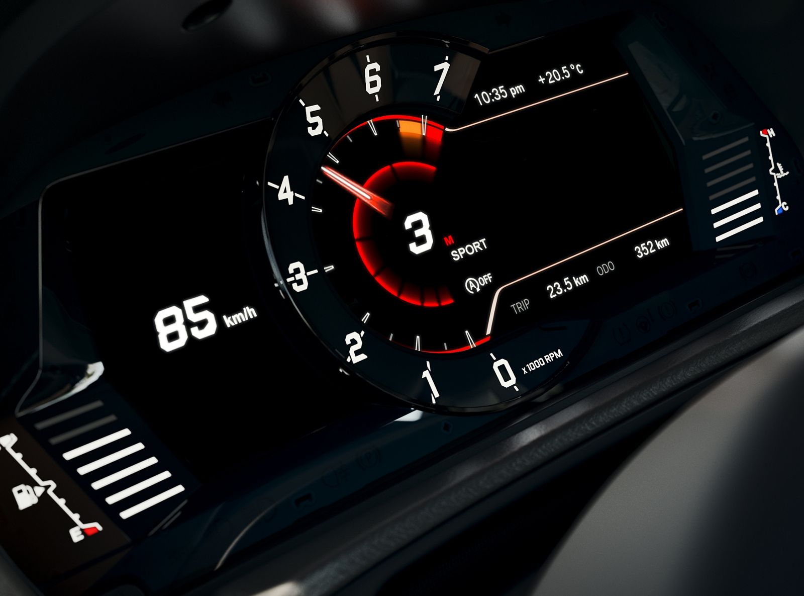 Nahaufnahme des beleuchteten Fahrer-Displays mit Drehzahlmesser, Geschwindigkeitsanzeige und weiteren Fahrzeugdaten.