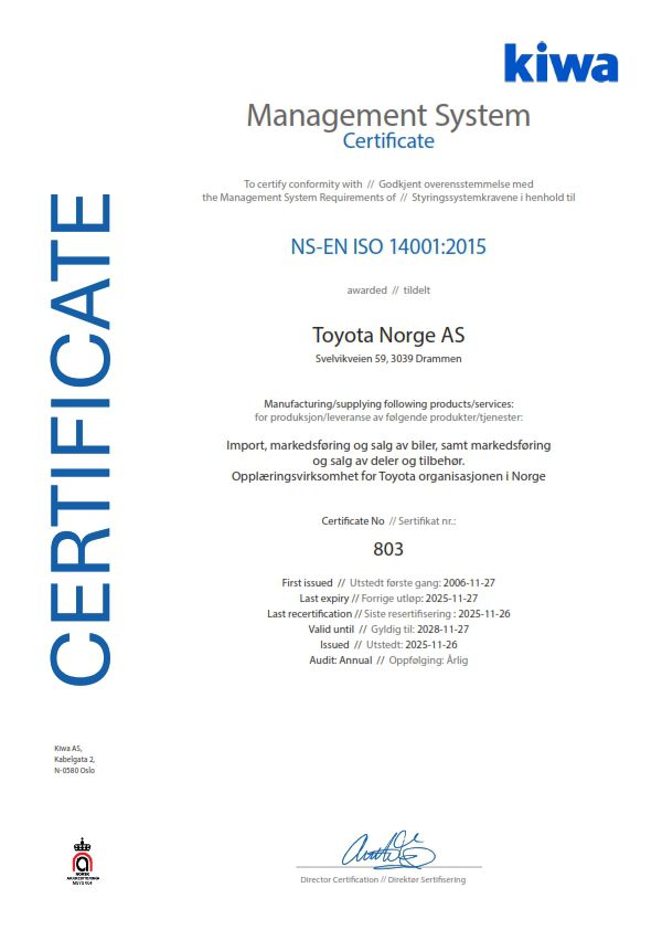 Sertifikat Toyota Norge 2025