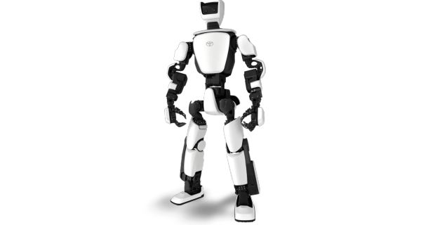 En humanoid robot från Toyota som heter T-HR3 med vita karosspaneler och svarta rörliga leder.