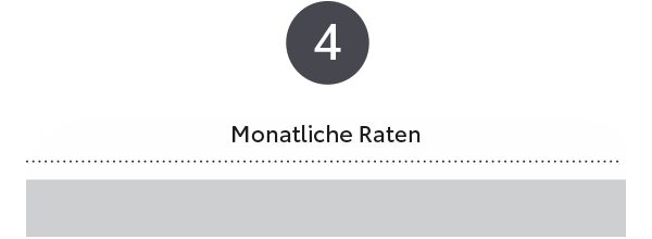 Diese Grafik enthält einen nummerierten Punkt mit der Bezeichnung „4“, gefolgt vom Text „Monatliche Raten“, was auf Englisch „Monthly Installments“ bedeutet. Das Layout deutet auf einen Schwerpunkt auf Finanzinformationen hin, wobei es sich wahrscheinlich um Bedingungen im Zusammenhang mit Zahlungsplänen handelt. Ein hellgrauer Bereich unter dem Text kann auf Platz für zusätzliche Details hinweisen.