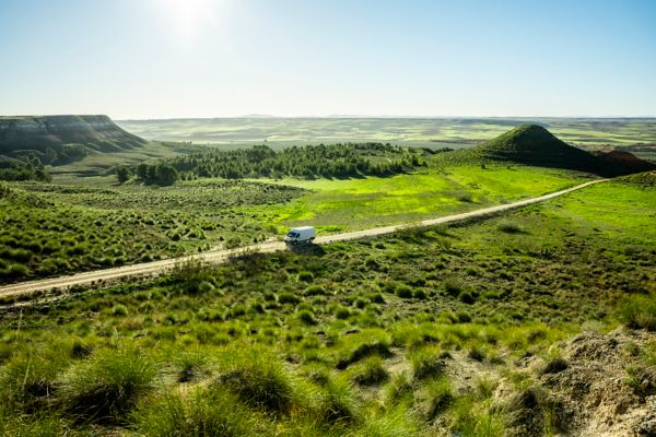 Ein Toyota Proace fährt an einer Landstraße entlang, neben der Straße sind weite, grün-strahlende Felder