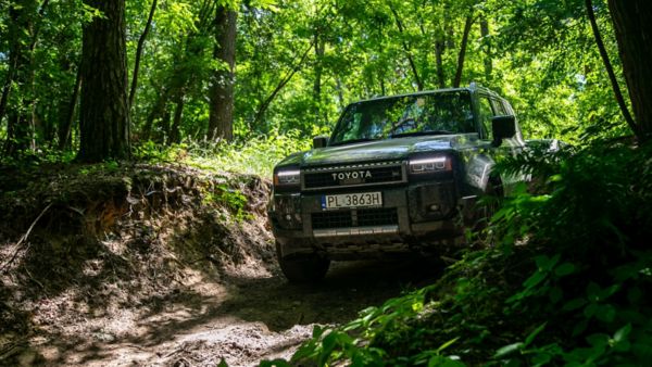 Toyota Land Cruiser pokonująca trudny leśny teren