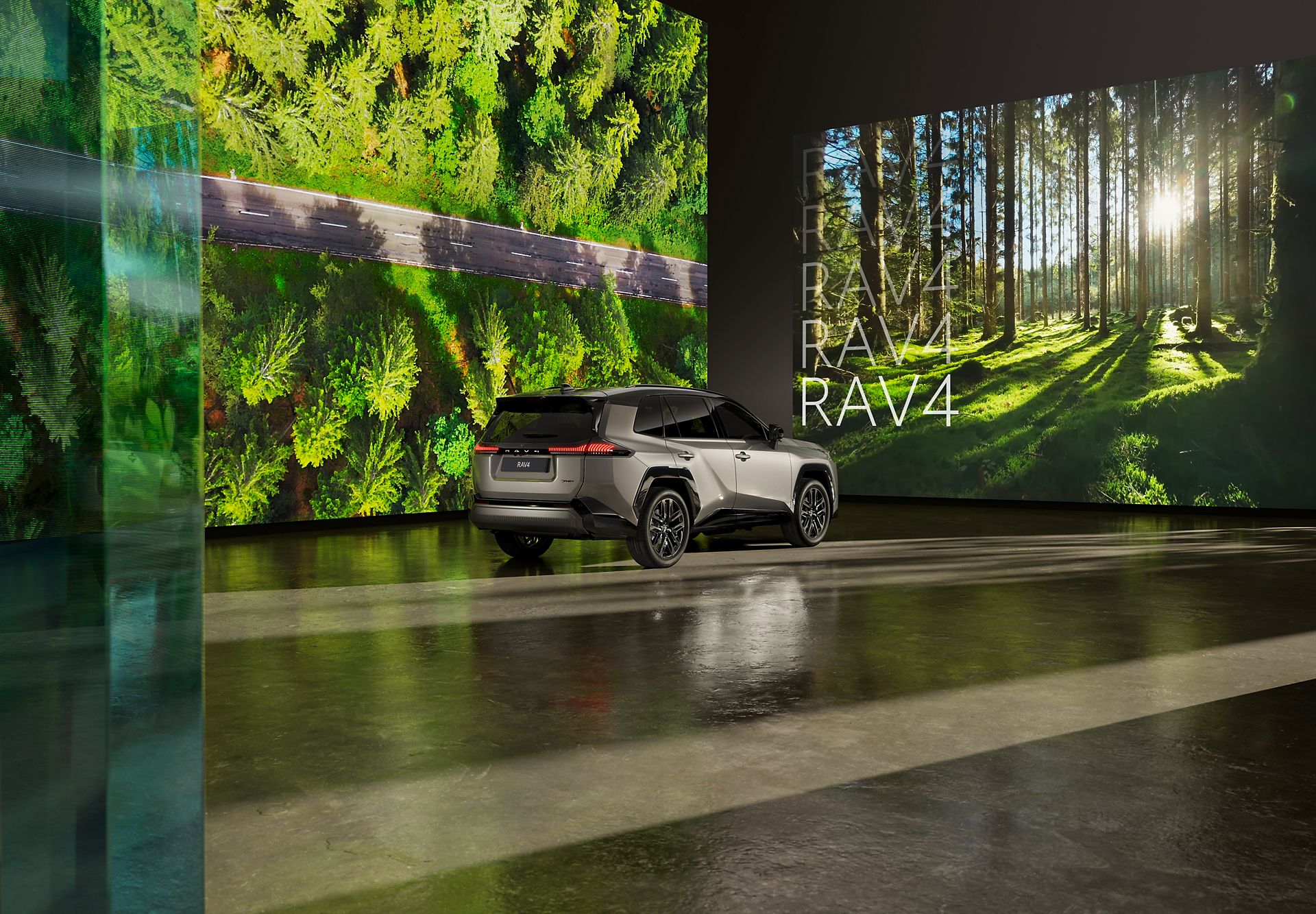 Toyota RAV4 Plug-in Hybrid geparkeerd voor schermen met boslandschappen.