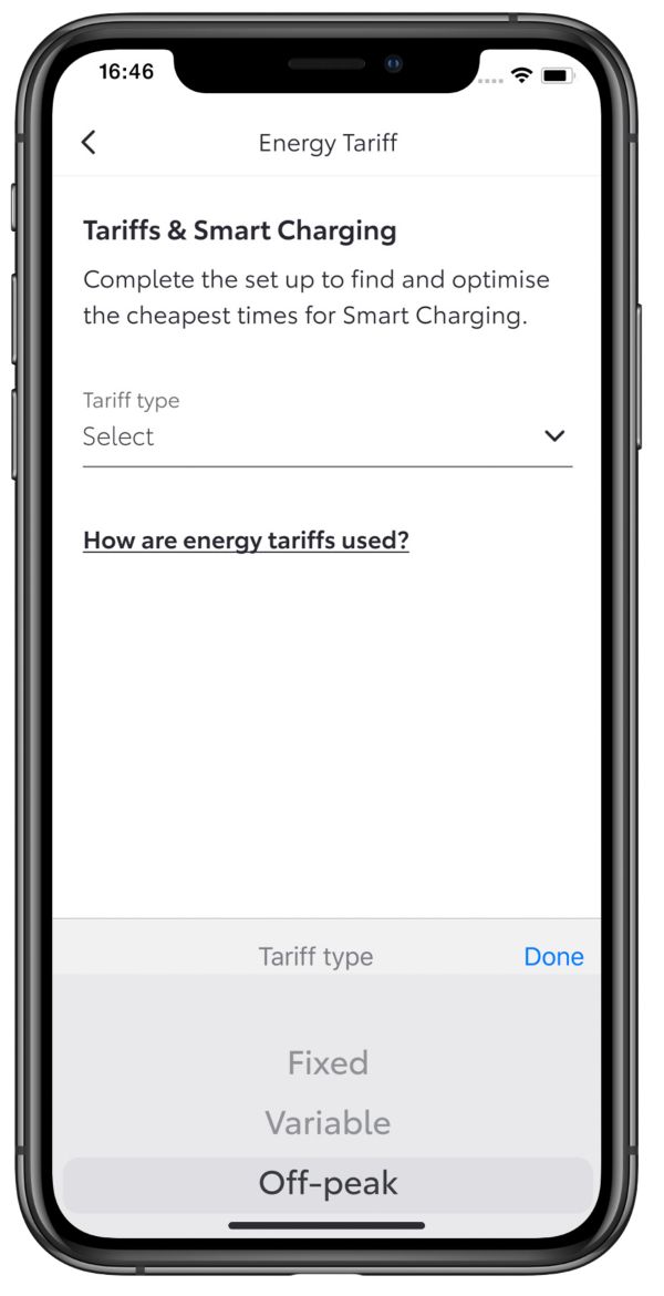 Phone screen showing energy tariff options with the MyToyota app