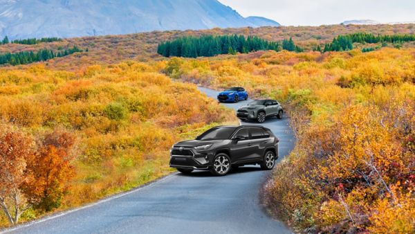 Toyota Rav4, Yaris Cross og Yaris á götu í haustlegu umhverfi