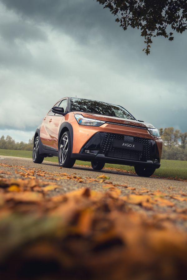 Aygo X Hybrid in de herfstbladeren