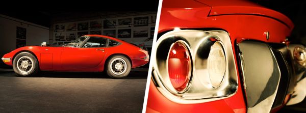 Toyota 2000GT, twee beelden, exterieur, zijkant en achterlichten, detailbeeld, rood
