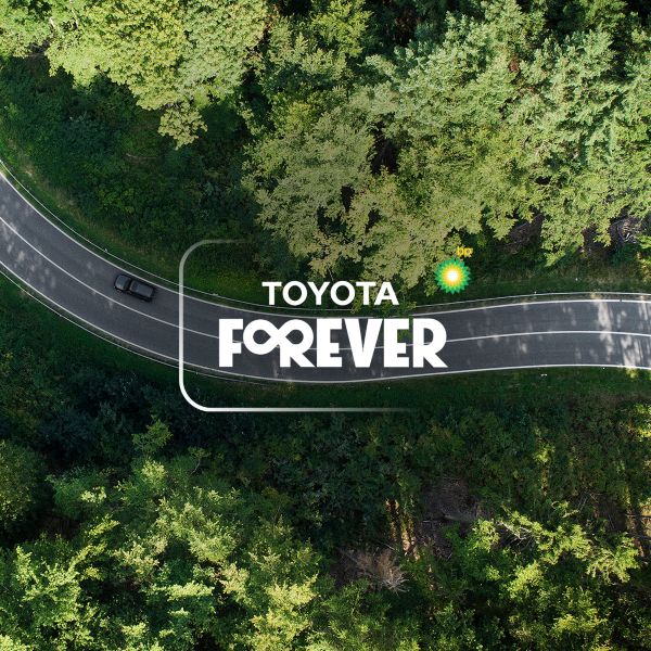 Ağaçlı bir arazi ortasından geçen yol üzerindeki aracın kuş bakışı görünümü ve Toyota Forever logosu