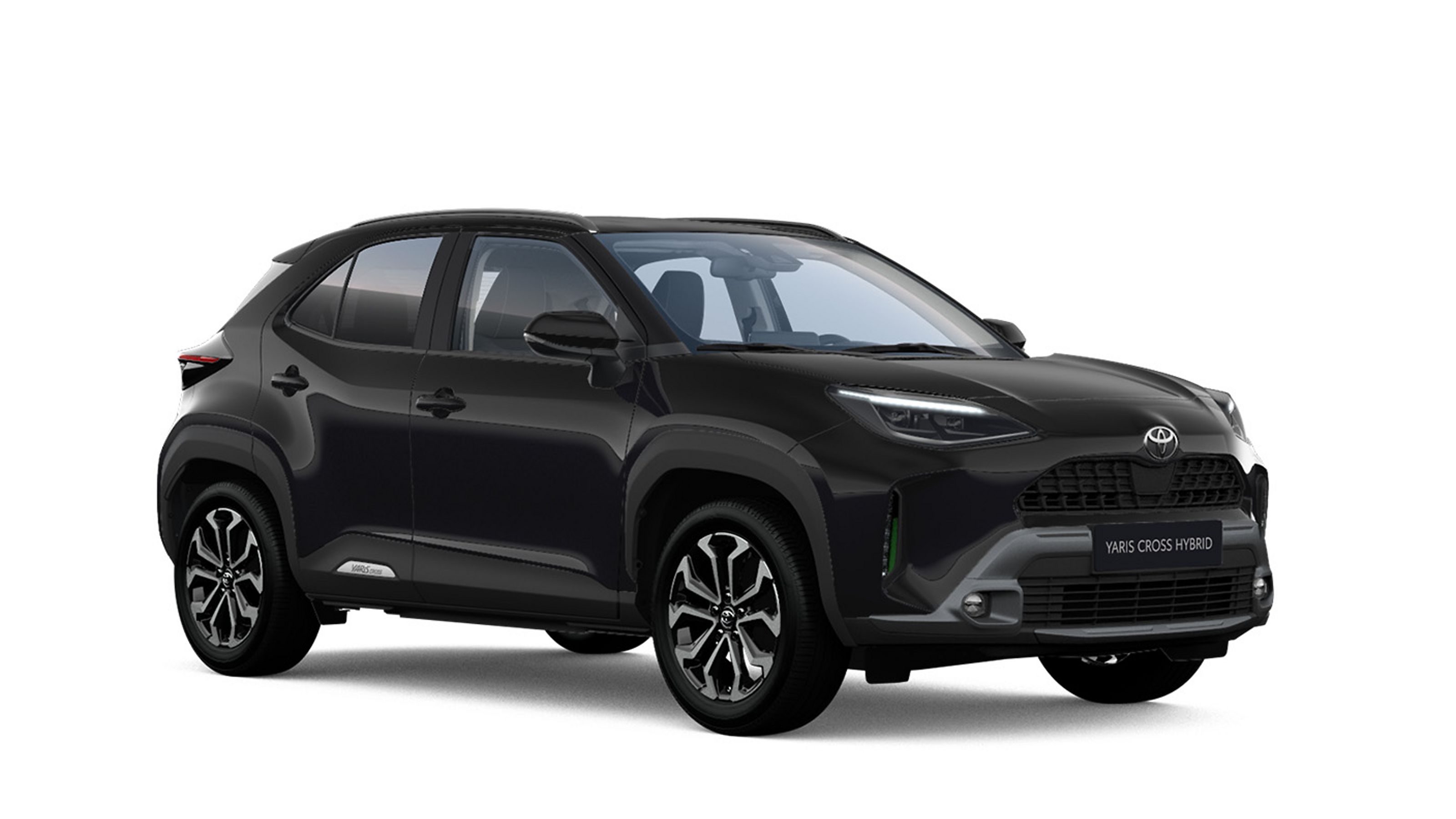 Ein schwarzer Toyota Yaris Cross in diagonaler Frontansicht vor einem weißen Hintergrund und dem Logo mit der Schrift "Teamplayer" in der oberen rechten Ecke