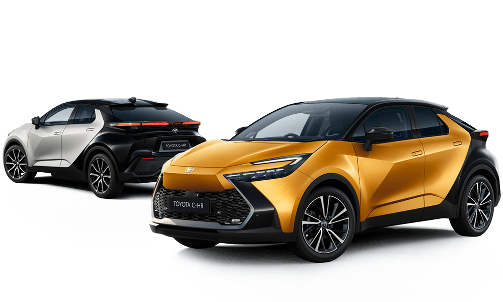 Ein schwarz-orangener Toyota C-HR steht schräg zur Kamera, dahinter steht ein silbener Toyota C-HR
