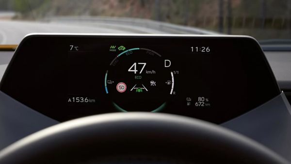 Toyota, Prius, interieur, dashboard, snelheidsmeter, eco-stand, 47km/h