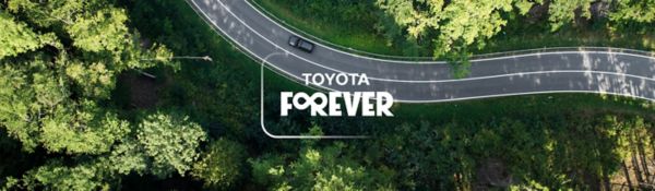 Ağaçlı bir arazi ortasından geçen yol üzerindeki aracın kuş bakışı görünümü ve Toyota Forever logosu