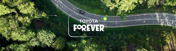 Ağaçlı bir arazi ortasından geçen yol üzerindeki aracın kuş bakışı görünümü ve Toyota Forever logosu