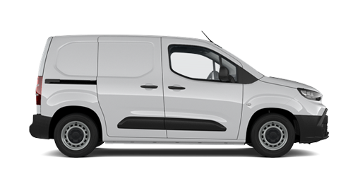 Ein weißer Proace City Duty steht seitlich auf transparentem Hintergrund