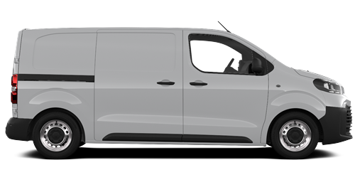 Ein weißer Proace Duty steht seitlich auf transparentem Hintergrund