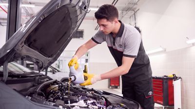 Motora Toyota orijinal motor yağı ekleyen bir adam