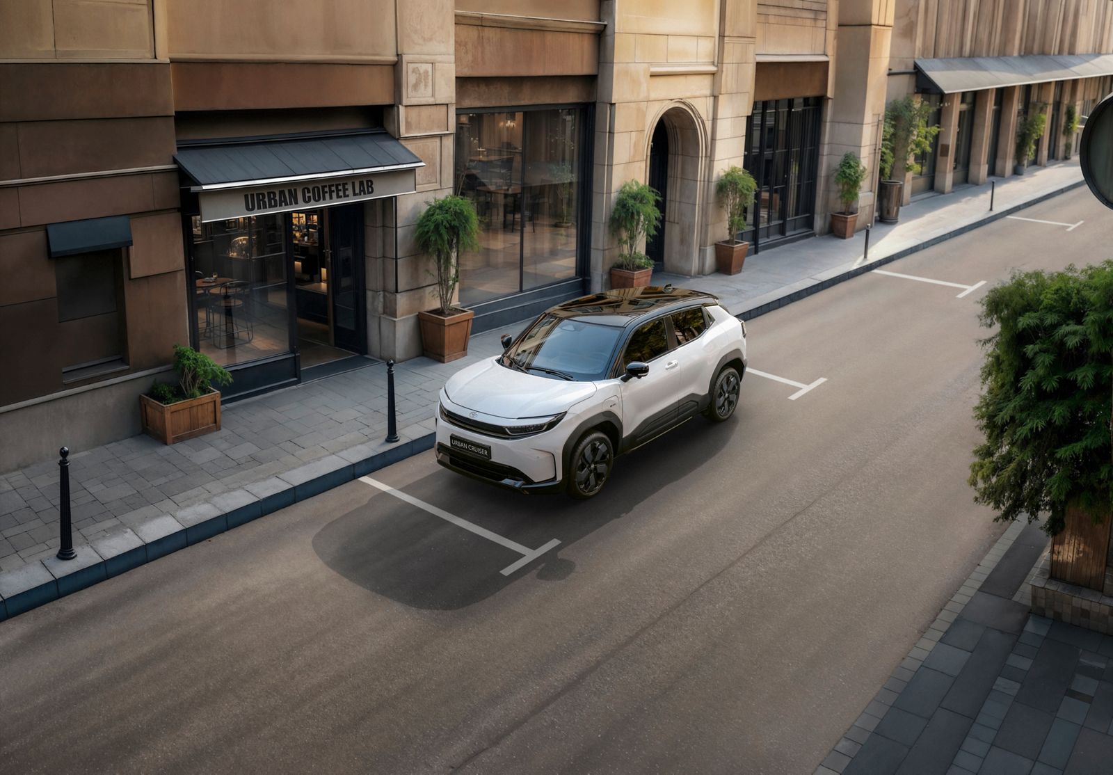 En Toyota Urban Cruiser parkert foran en butikk i byen