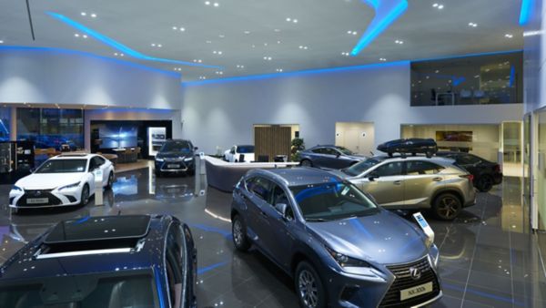 Lexus models on display in a Lexus showroom