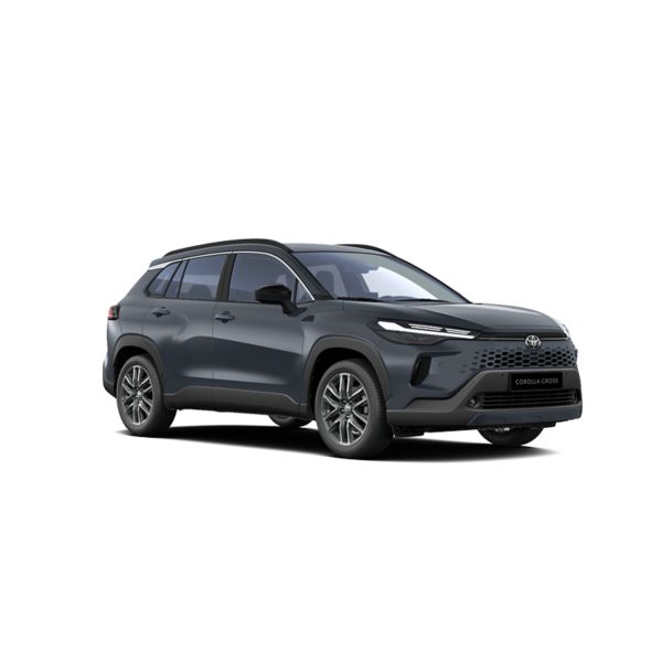 Ein weißer Corolla Cross Teamplayer Hybrid in diagonaler Frontansicht vor einem weißen Hintergrund