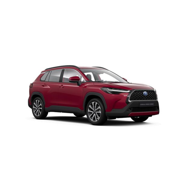 Ein weißer Corolla Cross Teamplayer Hybrid in diagonaler Frontansicht vor einem weißen Hintergrund