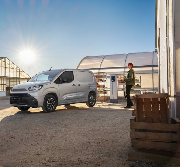 Eine Frau in Arbeitskleidung trägt eine Gemüsekiste aus einem Gewächshaus zu einem davor an eine Ladesäule angeschlossenen grauen Proace City Electric.