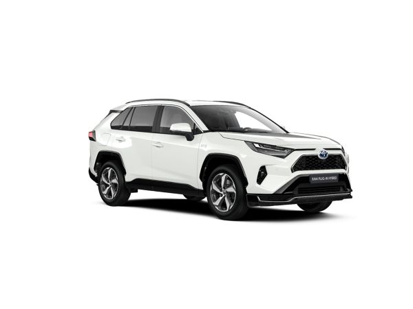 Ein weißer Toyota RAV4 Plug-in Hybrid auf weißem Hintergrund