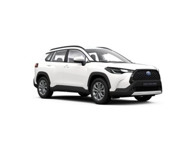 Ein weißer ToyotaCorolla Cross Hybrid auf weißem Hintergrund