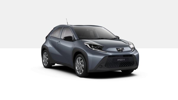 Aygo X blau grau auf einer weiß, grauen Backplate