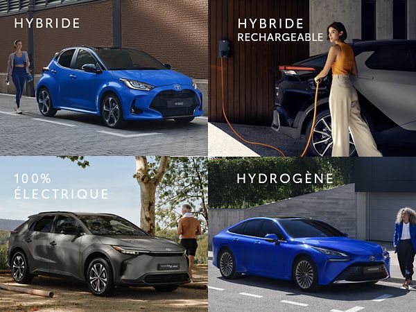 Quatre images de véhicules Toyota, mettant en avant les différentes technologies proposées dans sa gamme.