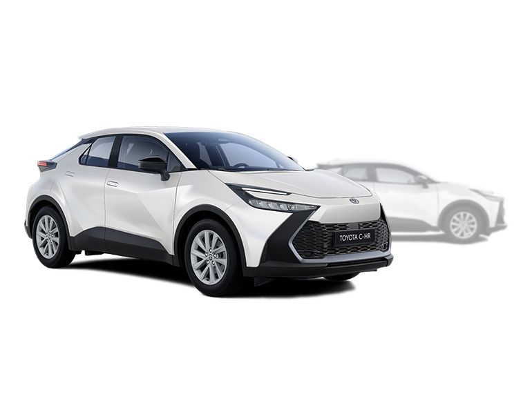 Weißer Toyota C-HR steht diagonal zur Kamera, im Hintergrund ist unscharf ein weißer Toyota C-HR zu erkennen