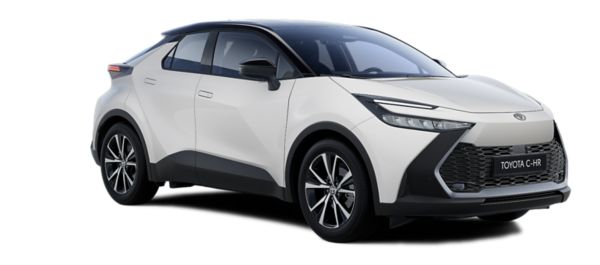Zu sehen ist ein weißer Toyota C HR Hybrid mit schwarzem Dach, aufgenommen aus einer leicht seitlichen Perspektive