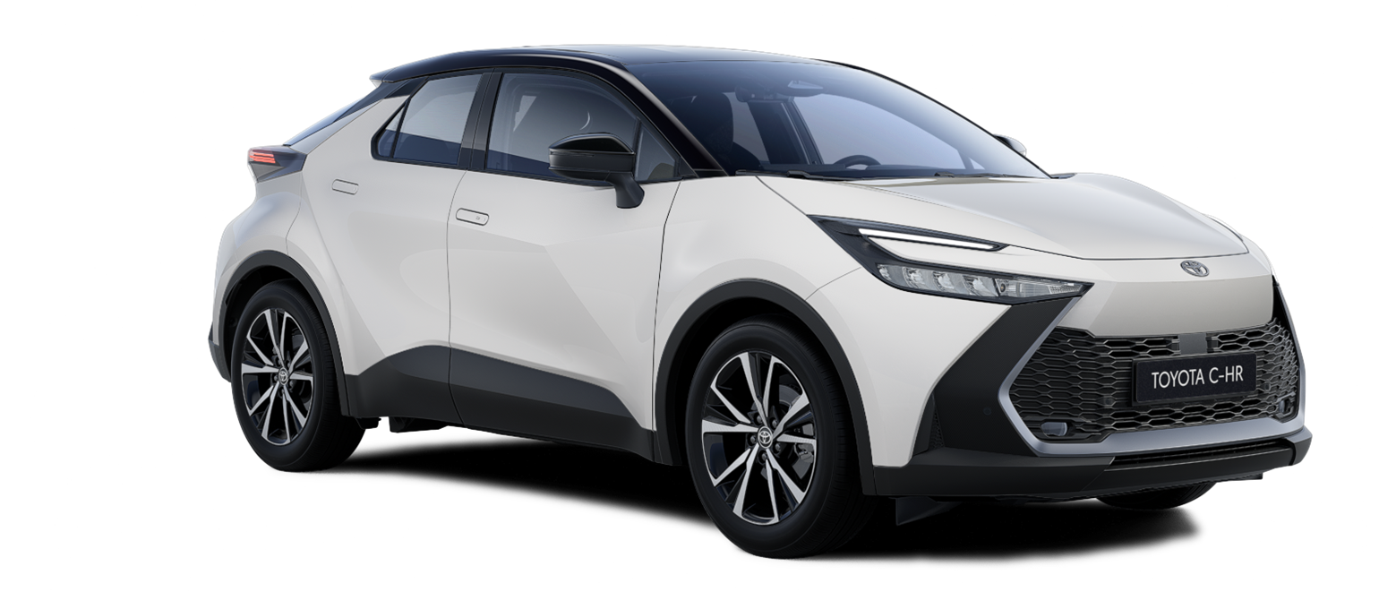 Weißer Toyota C-HR Hybrid Kompakt-SUV steht diagonal zur Kamera