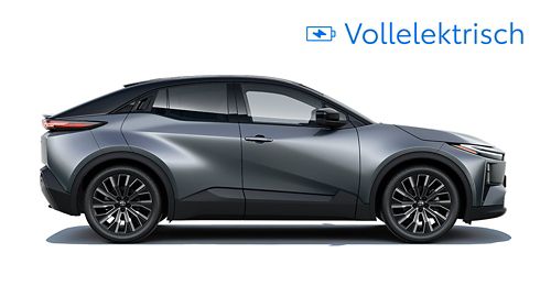 Ein metallic eisblau lackierter Toyota bZ4X ist in der Seitenansicht vor einem weißen Hintergrund zu sehen.