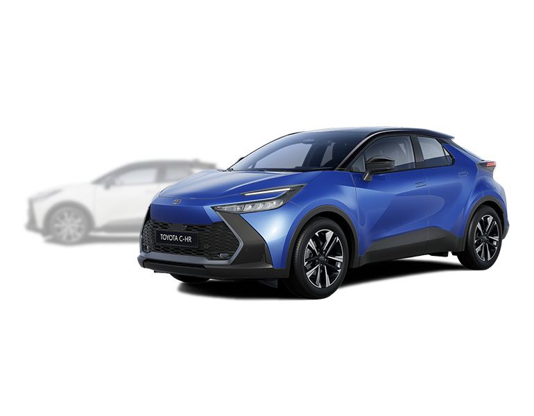 Toyota C-HR in seitlicher Sicht, im Hintergrund ist ein verblasster Toyota C-HR zu erkennen