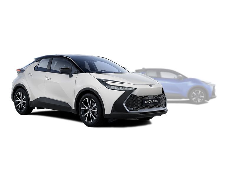 Dunkler Toyota C-HR in seitlicher Sicht, im Hintergrund ist ein verblasster hellerer Toyota C-HR zu erkennen