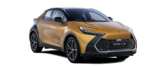 Gold-gelber Toyota C-HR steht diagonal zur Kamera vor neutralem Hintergrund