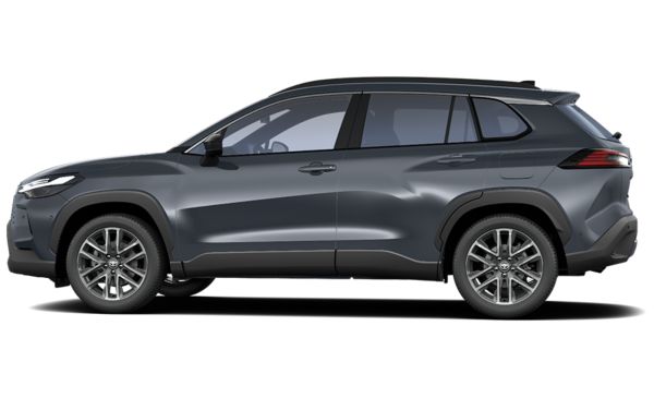 Beyaz Toyota Corolla Cross Hybrid ön ve yan görünüşü