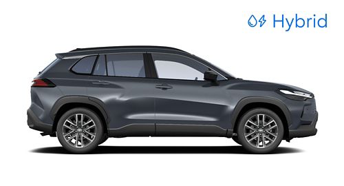 Seitenansicht eines grauen Toyota Corolla Cross Hybrid mit klar erkennbaren Felgen und Fenstern.