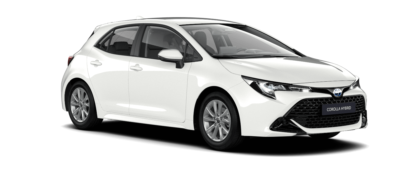 Weißer Toyota Corolla Kompaktwagen-Hybrid steht diagonal zur Kamera
