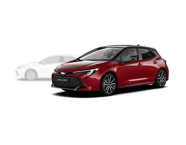 roter Toyota Corolla mit schwarz-lackiertem Dach und Speichenfelgen