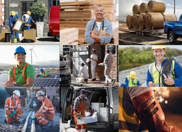 Eine Collage, die verschiedene Arbeiter in unterschiedlichen Bereichen zeigt: Bauwesen, Landwirtschaft, Solarenergie und Logistik, die ihre Rolle in der modernen Industrie hervorheben.