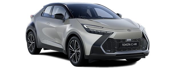 Silberner Toyota C-HR in Seitenansicht vor einem neutralen Hintergrund