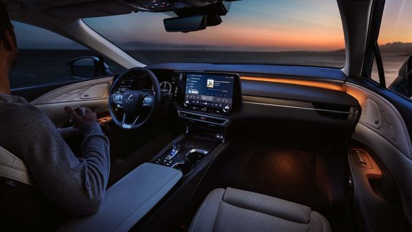 Front interior of the Lexus RX at night